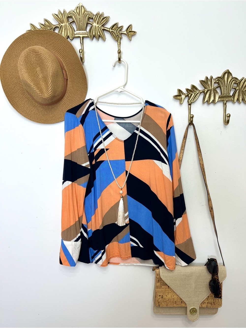 Vibrant Geometric V-Neck Long-Sleeve Top - Blue, Peach & Black S ptp 19.5”